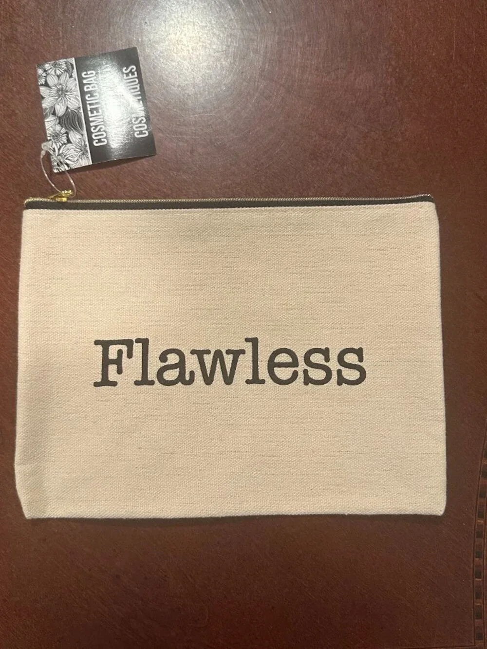 FLAWLESS Canvas Cosmetic Makeup Bag Pouch Beige Black Gold Zipper NWT 8x6